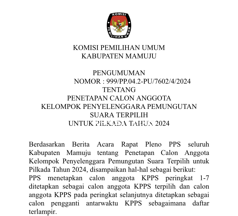 KPU Mamuju Tetapkan Nama Anggota KPPS